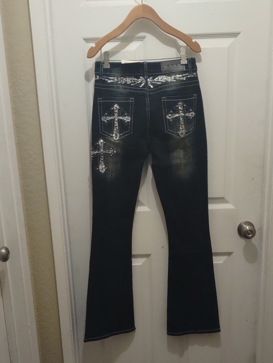 Sky Denim - Sky Black Flare Jeans with Silver Cross Embellishments Size 5 New